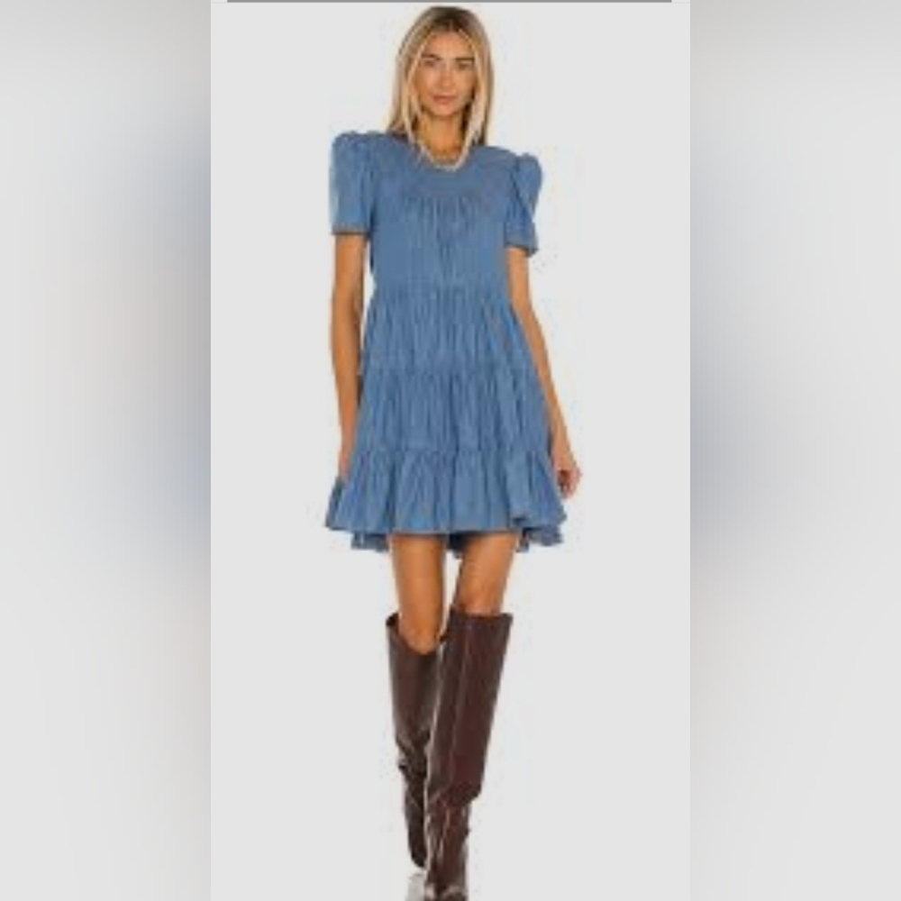 LIKELY Blue Chambray Tiered Mini Dress Puff Sleeve Size 6 NWT Boho Babydoll